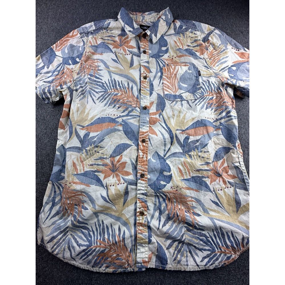 O'Neill Tropical Leaf Print Short Sleeve Button-Down Shirt - Blue, Tan, Rust
